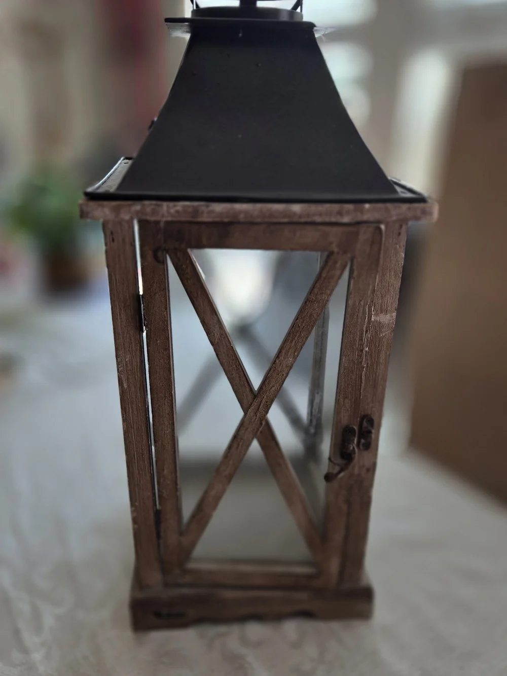 Rustic Brown Wood Lantern with Black Metal Top - Elegant Home Accent